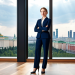 **

"A professional businesswoman in a tailored navy suit, standing confidently in a modern Moscow office with floor-to-ceiling windows overlooking the city, fully clothed, appropriate attire, safe for work, perfect anatomy, correct proportions, professional photography, high quality, family-friendly."

**