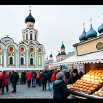 "A bustling street food market in Moscow, featuring vendors selling traditional Russian blini and pirozhki, with Orthodox church domes visible in the background, fully clothed people, safe for work, professional photography, high quality, natural proportions."