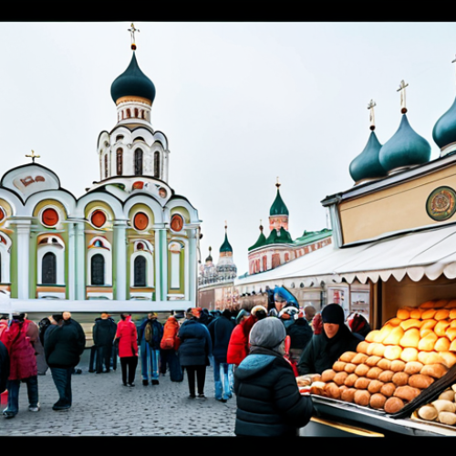Home 19 "A bustling street food market in Moscow, featuring vendors selling traditional Russian blini and pirozhki, with Orthodox church domes visible in the background, fully clothed people, safe for work, professional photography, high quality, natural proportions."