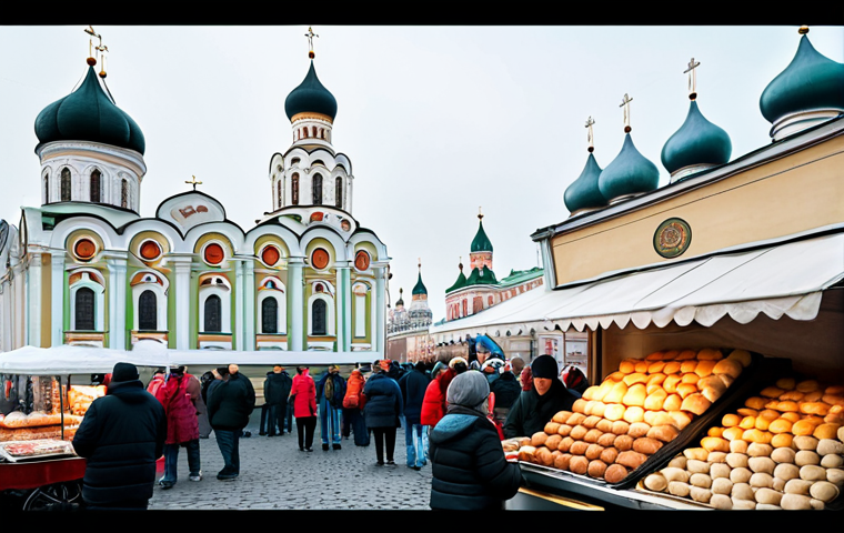 "A bustling street food market in Moscow, featuring vendors selling traditional Russian blini and pirozhki, with Orthodox church domes visible in the background, fully clothed people, safe for work, professional photography, high quality, natural proportions."