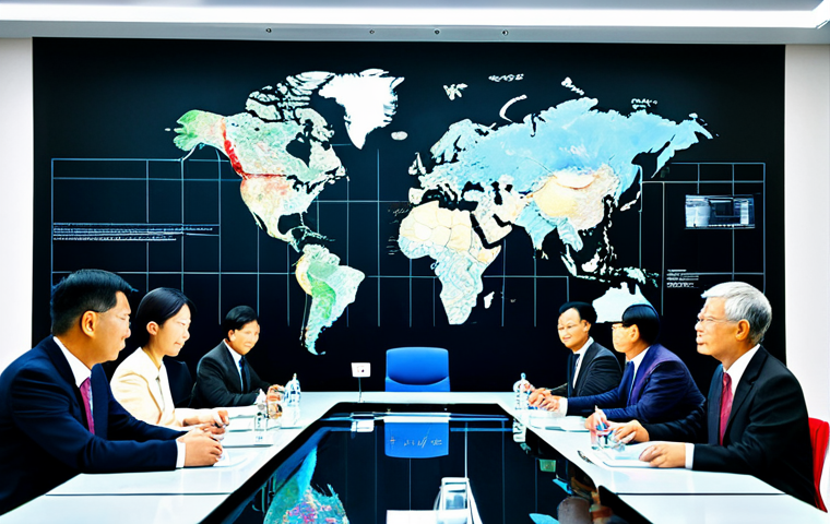 대만과 중국 대륙의 갈등 - Modern Business & Geopolitics**
"A multinational corporate boardroom. Around a large table, executi...