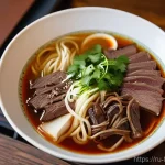 대만 야시장 먹거리 베스트 10 - **A highly detailed, mouth-watering close-up shot of a steaming bowl of Taiwanese Beef Noodle Soup (...