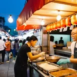 대만 현지인 추천 맛집 - **Prompt:** A vibrant and bustling Taiwanese night market scene at dusk. The street is packed with a...