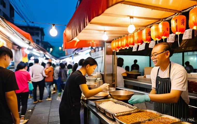 대만 현지인 추천 맛집 - **Prompt:** A vibrant and bustling Taiwanese night market scene at dusk. The street is packed with a...