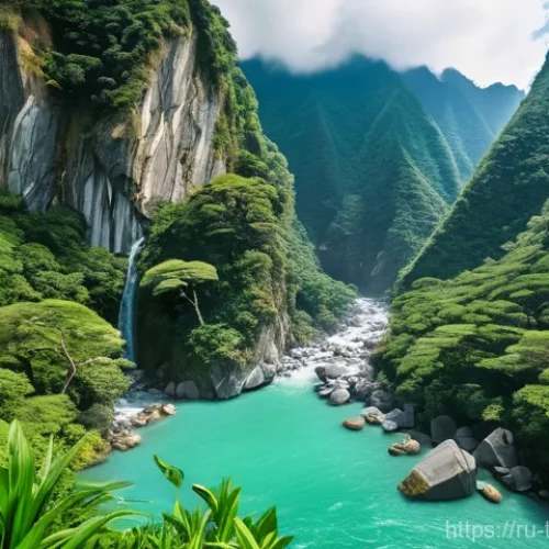대만의 야생동물 보호구역 - **Prompt:** A majestic view of Taroko National Park in Taiwan, showcasing its iconic towering marble...