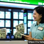 대만에서 화폐 교환 팁 - **Prompt:** A cheerful female traveler in her mid-30s, dressed in smart casual attire, stands at a m...