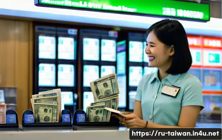 대만에서 화폐 교환 팁 - **Prompt:** A cheerful female traveler in her mid-30s, dressed in smart casual attire, stands at a m...