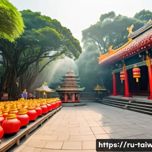 대만 가오슝 필수 여행 코스 - A serene early morning scene at Fo Shan Temple in Kaohsiung, Taiwan, showcasing intricate traditiona...