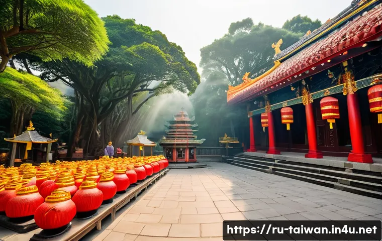 대만 가오슝 필수 여행 코스 - A serene early morning scene at Fo Shan Temple in Kaohsiung, Taiwan, showcasing intricate traditiona...