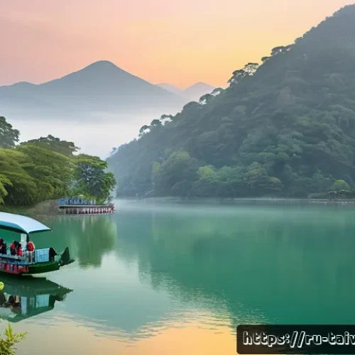 대만 드라마 촬영지 추천 - A serene panoramic view of Sun Moon Lake in Taiwan during early morning mist, featuring calm reflect...