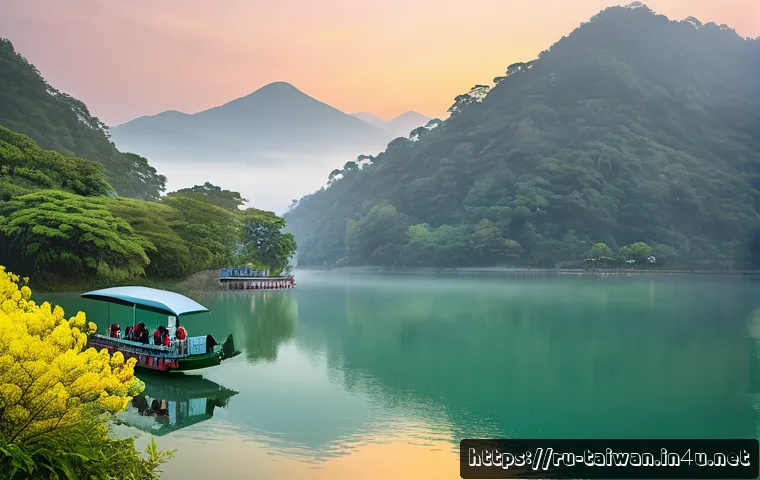 대만 드라마 촬영지 추천 - A serene panoramic view of Sun Moon Lake in Taiwan during early morning mist, featuring calm reflect...