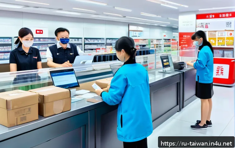 대만 현지 우체국 서비스 - A busy Taiwanese post office interior scene showing diverse customers at counters, staff assisting w...