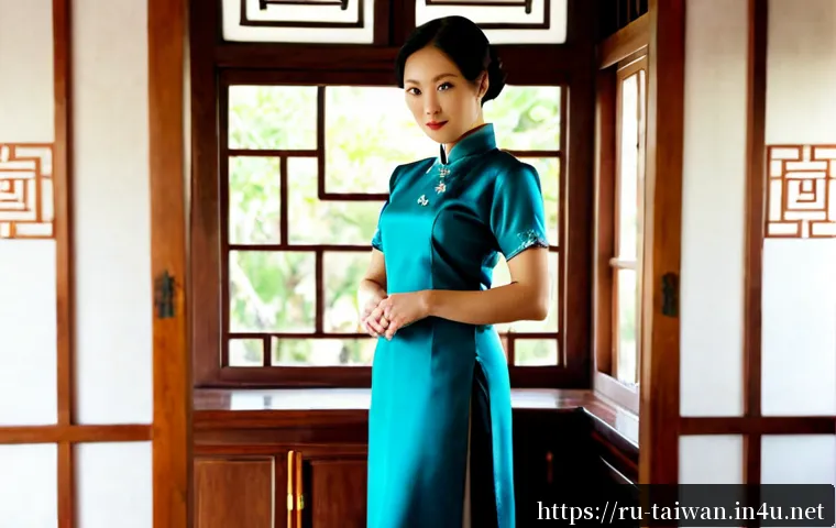 Home 17 대만 전통 의복 치파오 역사 - Photorealistic historical scene in 1930s Taiwan, elegant adult Taiwanese woman wearing a modest high...