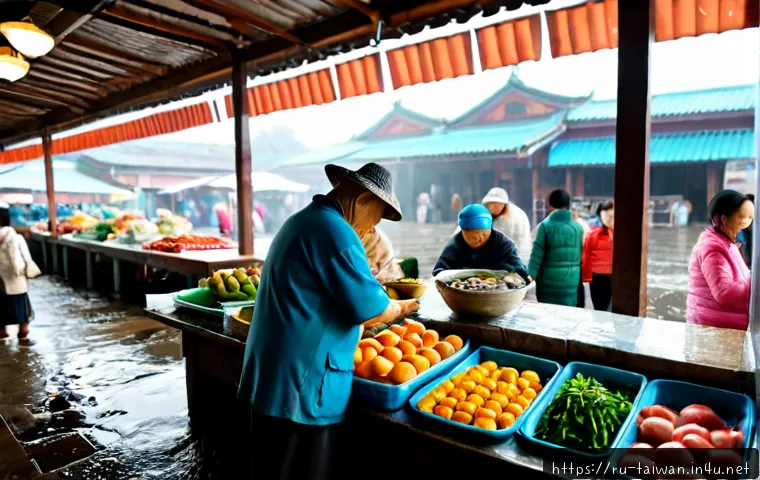 대만 현지 시장 경제 - Photorealistic morning scene in a traditional Taiwanese wet market, an elderly local vendor arrangin...