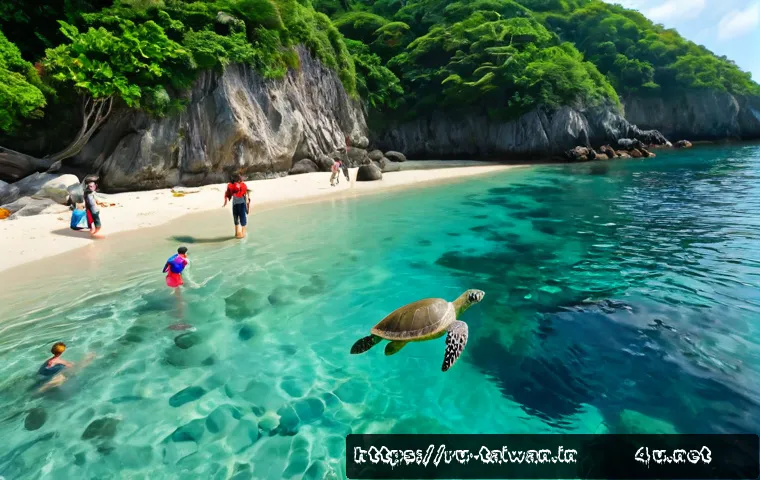 Home 17 대만의 해양 생태 관광지 - Photorealistic wide-angle coastal scene in Taiwan, a Russian family in practical summer clothing obs...